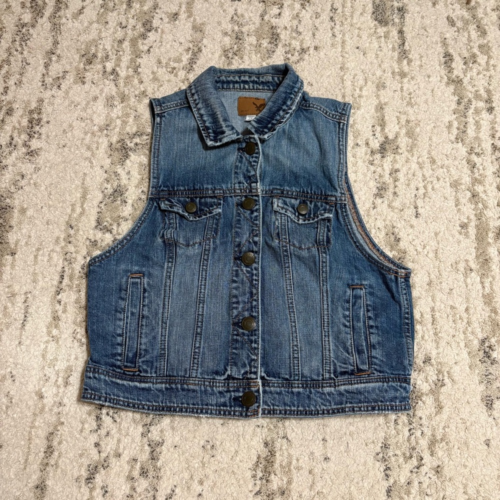 American Eagle Womens Denim Blue Jean Vest 100% Cotton Size L